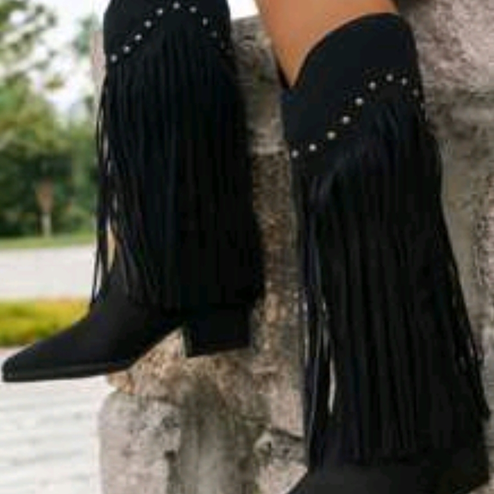 Black Fringe Knee-High Boots
